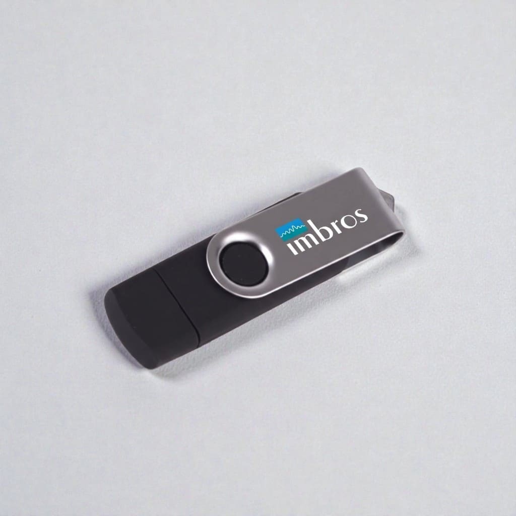 Black and silver USB flash drive for accounting firms, labeled imbros on light gray background.