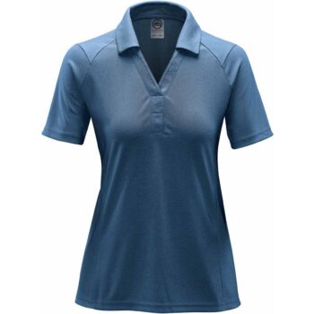 Affordable blue short-sleeve women's polo shirt with collar and V-neck. Cheap Polo Shirts.