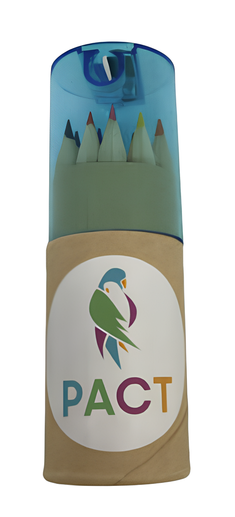 A cylindrical case with colored pencils and a PACT bird logo for child protection.