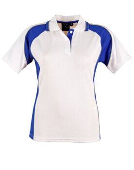 Short-sleeved white custom polo shirt with blue side panels and accents on the shoulders.