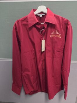 Red long-sleeve button-up shirt, unisex apparel with LUNA PARK logo, on a white hanger.