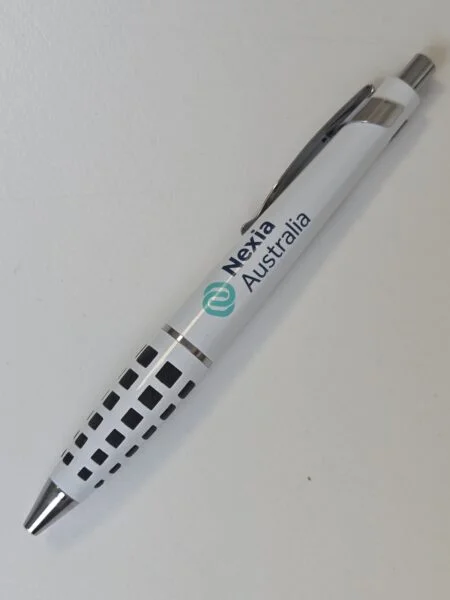 White Nexia Australia pen with black grid design, perfect for inventory management tasks.