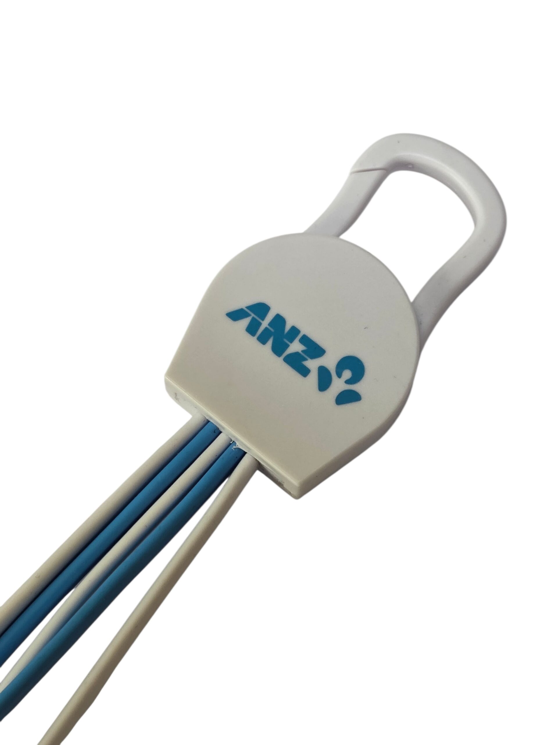 White and blue ANZ Bank cable organizer with multiple cables, ideal for banking professionals.