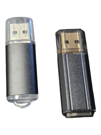 Two black USB flash drives with clear caps, ideal for secure data storage and USB data preloading.