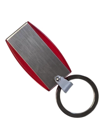 Metal keychain with a rectangular silver and red body, round keyring, and security in mind.
