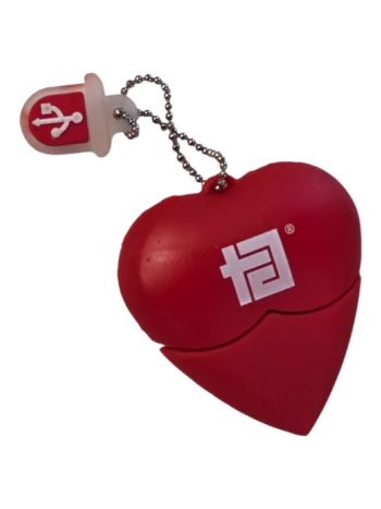 Red heart-shaped USB flash drive, keychain, white logo; supports USB data preloading.