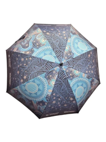 Blue umbrella with geometric and circular patterns—an age-inclusive choice for event items.