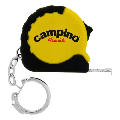 Yellow and black Campino tape measure with keychain—ideal for event clean-up at large gatherings.