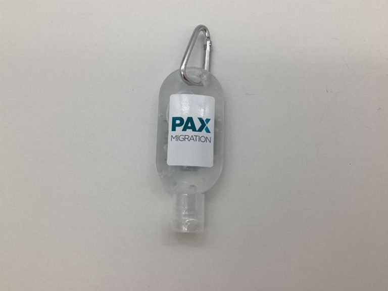 Clear bottle with carabiner, labeled PAX Migration, ideal for wellness items, on white background.