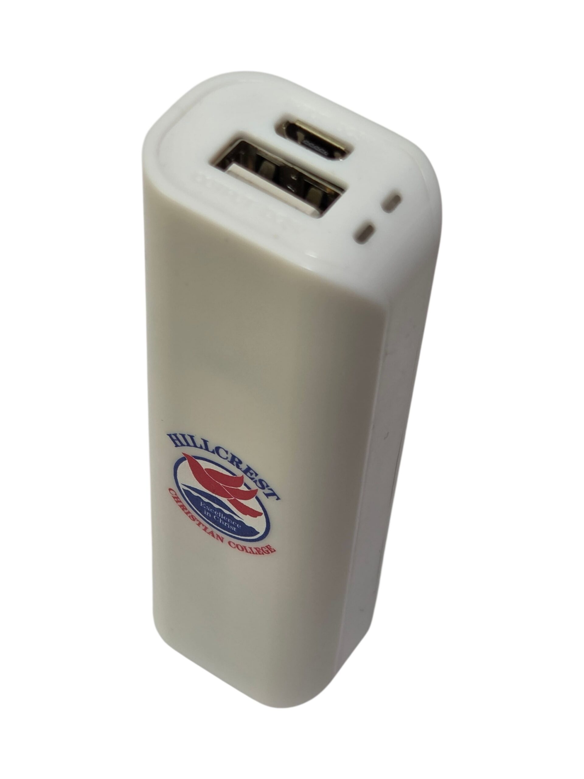 White portable power bank with USB ports and a Gold Coast Christian College logo.