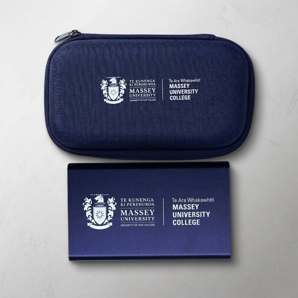 Navy Massey University College pouch and notebook, perfect University merch for student engagement.
