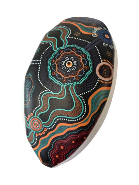 Oval object with vibrant Aboriginal-inspired patterns, reflecting creative skills from TAFE Sydney.