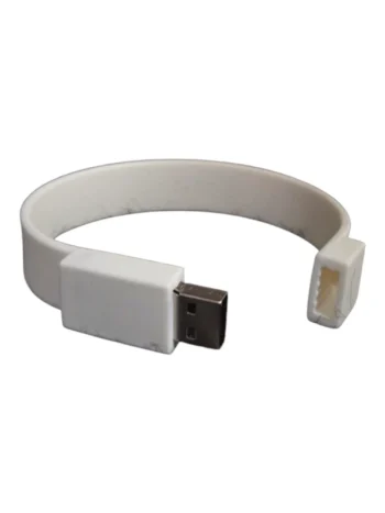 A white USB wristband with an open clasp showing the USB connector.